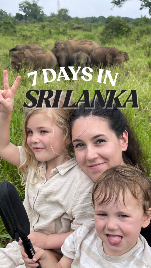 Mom with 2 kids posing in front of a herd of elephants on safari in Sri Lanka