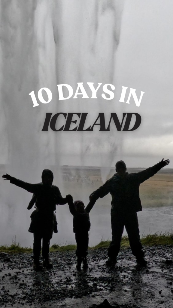 silhouette of a family with arms outstretched in front of a waterfall.