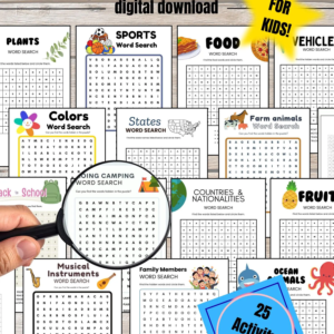 Themed Word Search Puzzles – 25 Printable Kids Activities (PDF Download)